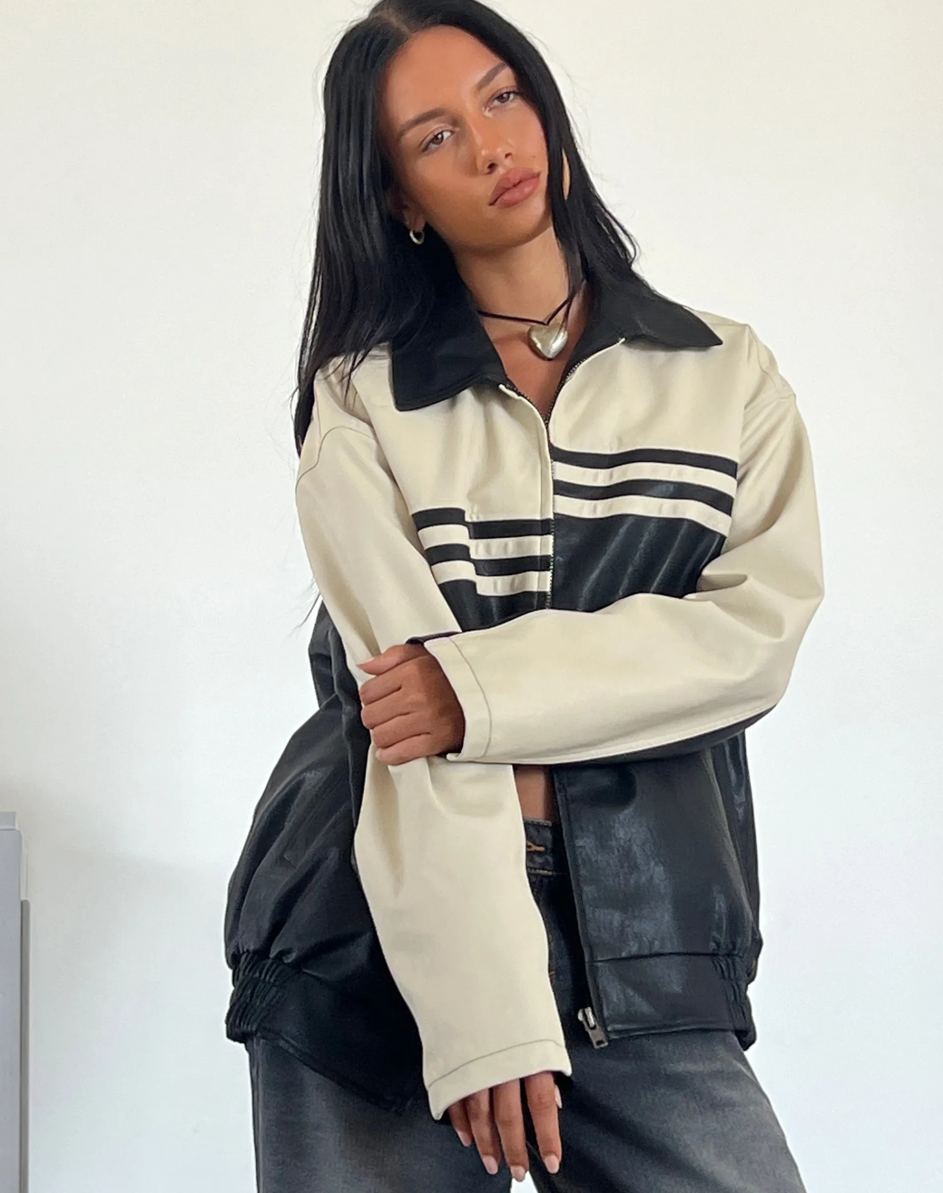 Motel Rocks Jackets-Calista Jacket in PU Black with Ivory