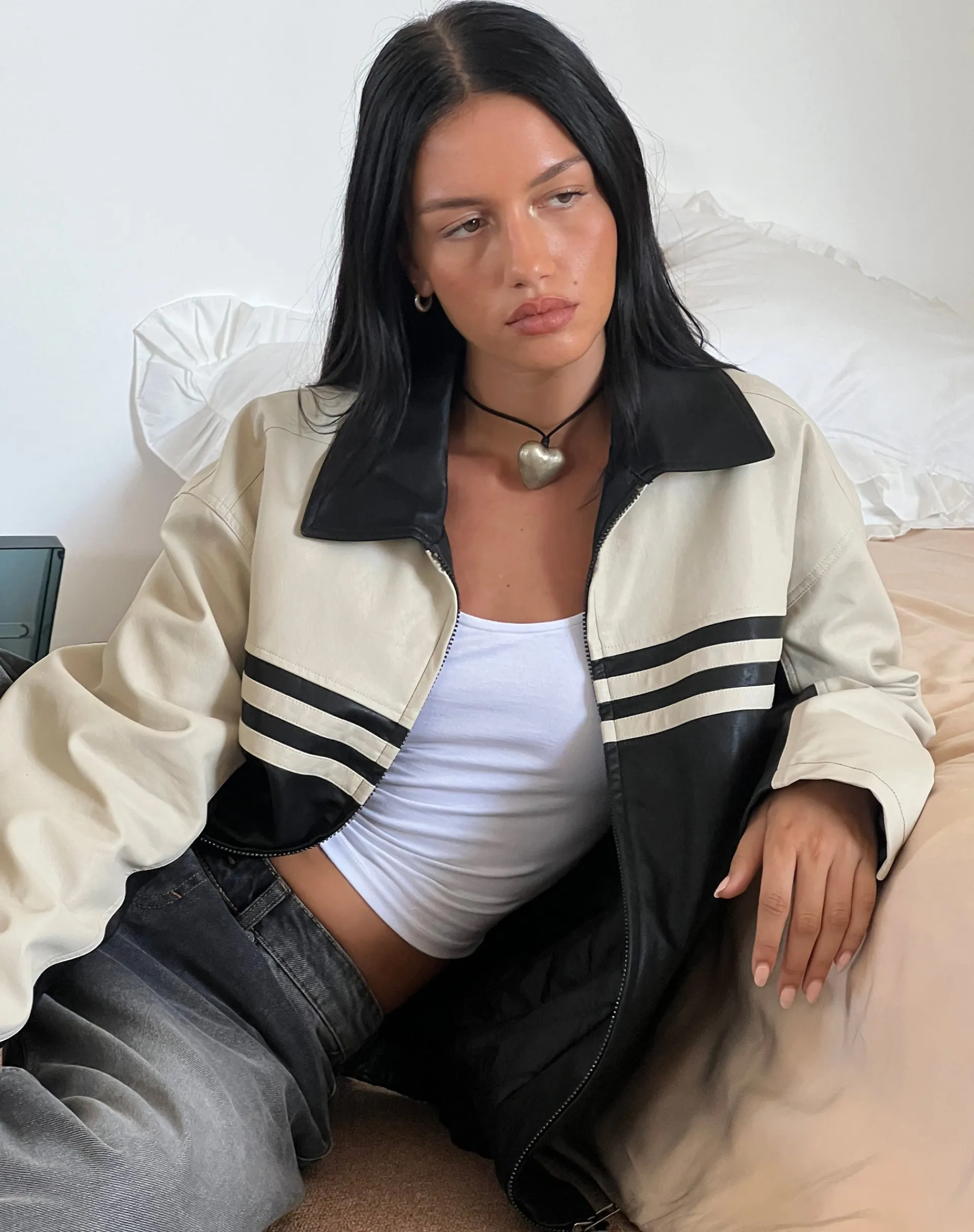 Motel Rocks Jackets-Calista Jacket in PU Black with Ivory