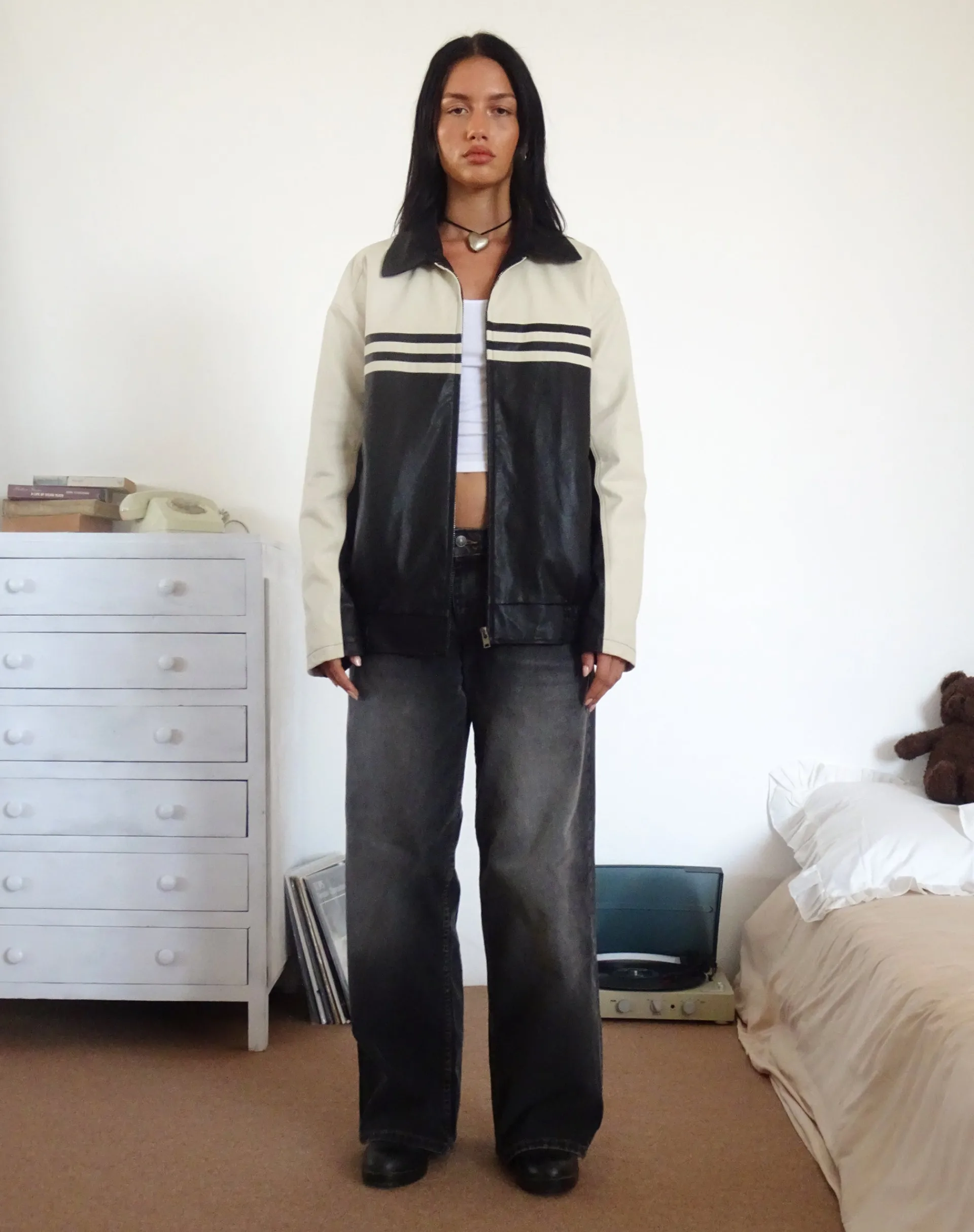 Motel Rocks Jackets-Calista Jacket in PU Black with Ivory