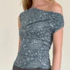 Motel Rocks Printed Tops | Going Out Tops-Calypso Top in Blue Ornate Print Lycra BlueOrnatePrintLycra