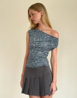 Motel Rocks Printed Tops | Going Out Tops-Calypso Top in Blue Ornate Print Lycra BlueOrnatePrintLycra