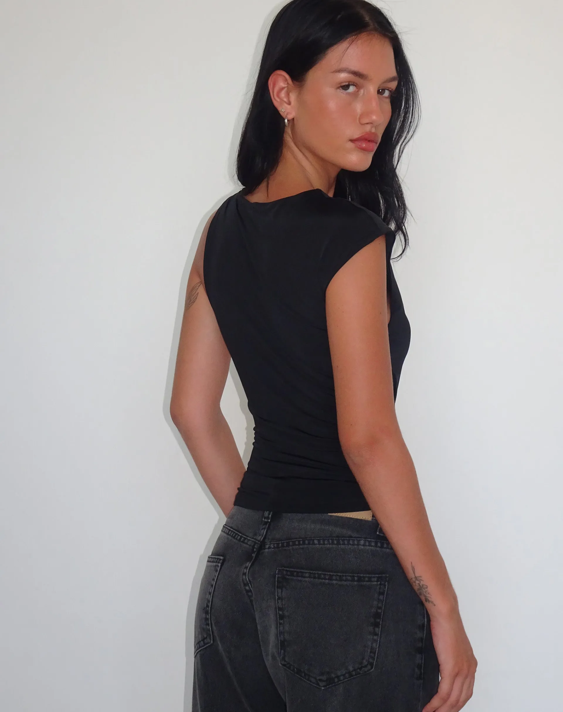 Motel Rocks Basics | Basic Tops-Cambrie Asymmetrical Sleeveless Top in black