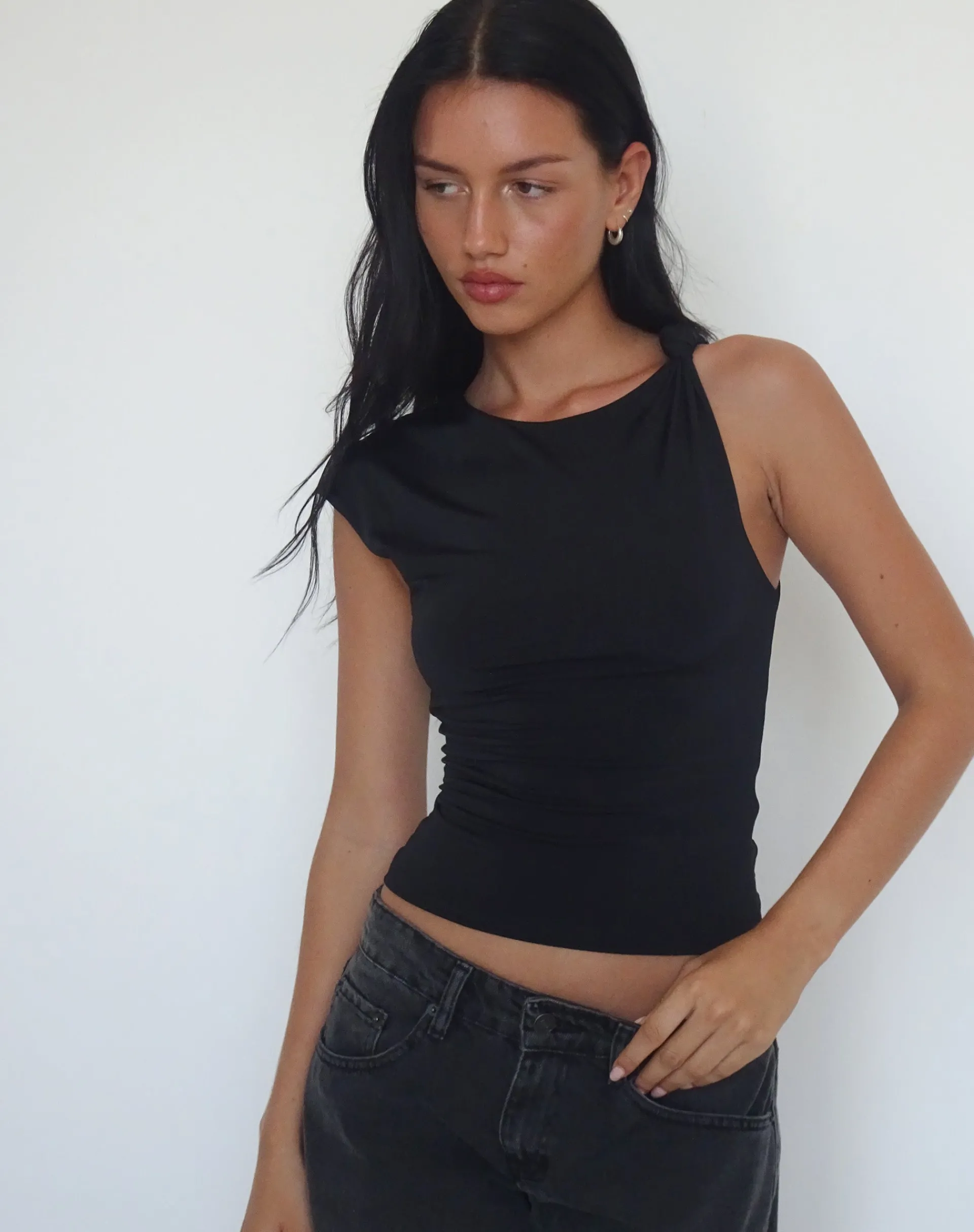 Motel Rocks Basics | Basic Tops-Cambrie Asymmetrical Sleeveless Top in black