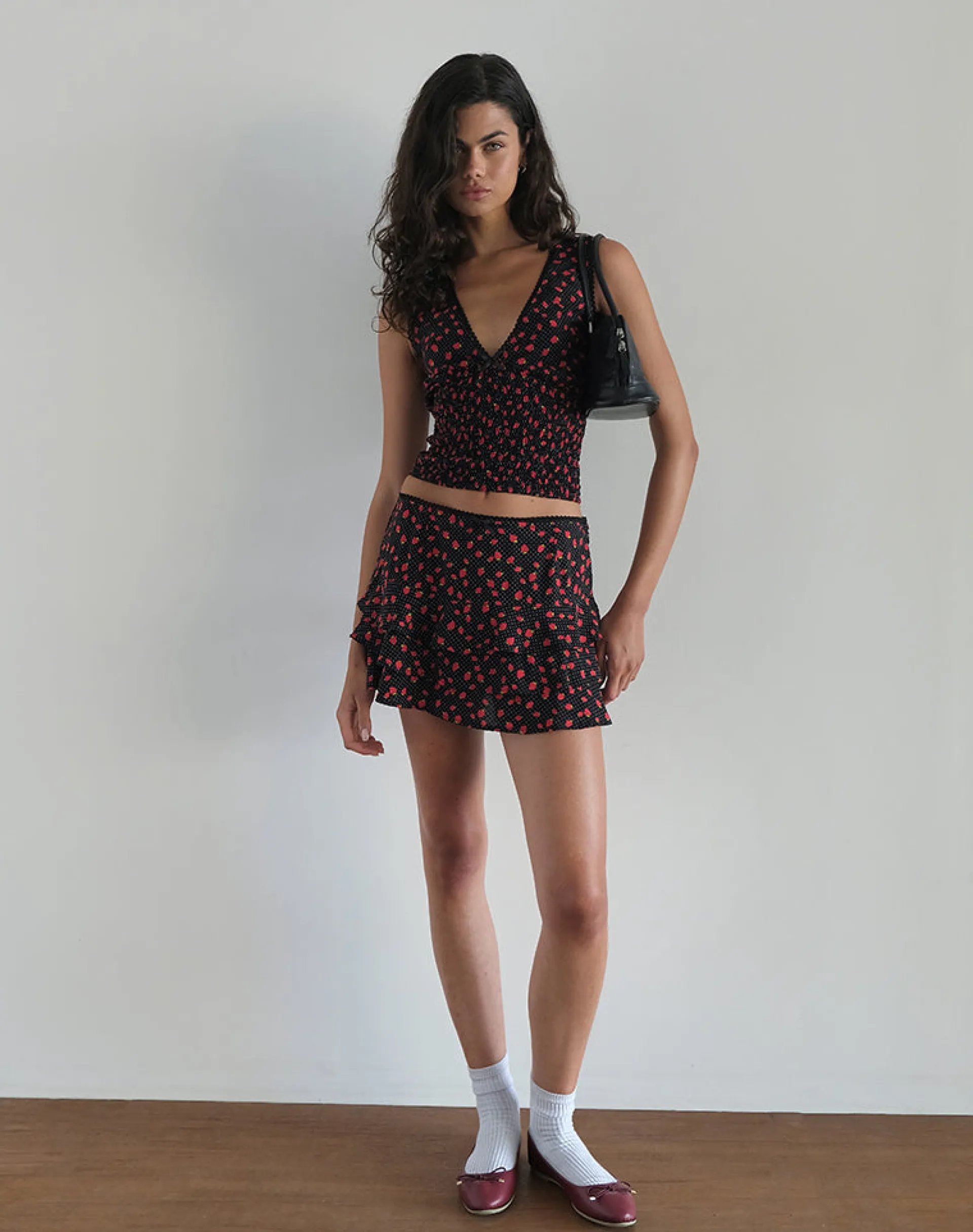 Motel Rocks Printed Skirts | Mini Skirts-Camigi Mini Skirt in Strawberry Polka Black StrawberryPolkaBlack