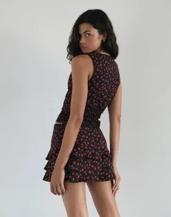 Motel Rocks Printed Skirts | Mini Skirts-Camigi Mini Skirt in Strawberry Polka Black StrawberryPolkaBlack