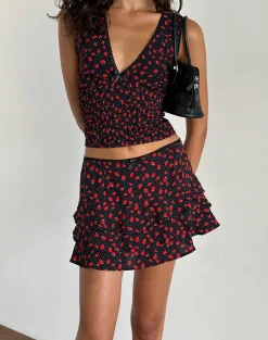 Motel Rocks Printed Skirts | Mini Skirts-Camigi Mini Skirt in Strawberry Polka Black StrawberryPolkaBlack