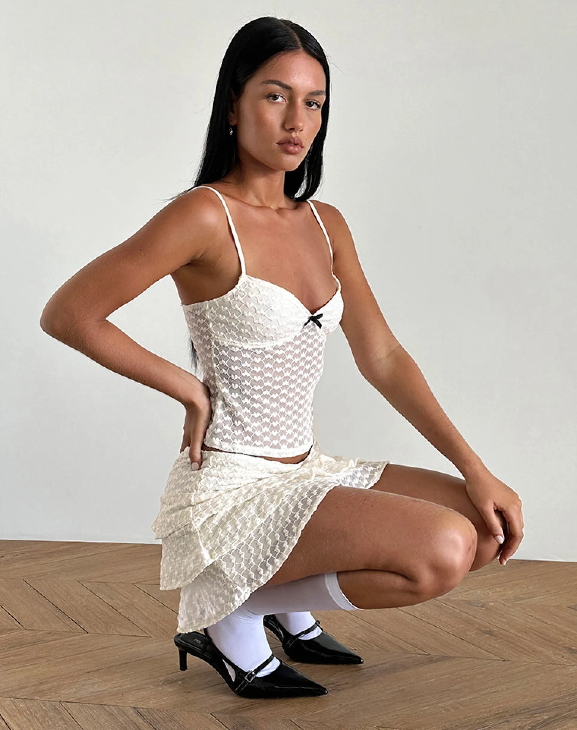 Motel Rocks Co-Ords | Mini Skirts-Camigo Mini Skirt in Ivory Heart Lace ivoryheartlace