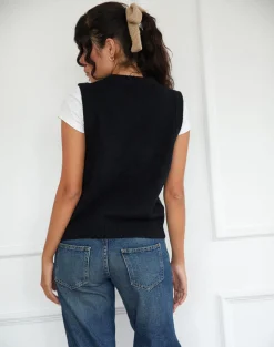Motel Rocks Vest Tops-Camira Knitted Button Through Vest in Black
