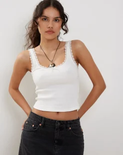 Motel Rocks Basics | Basic Tops-Carillo Lace Trim Vest Top in White