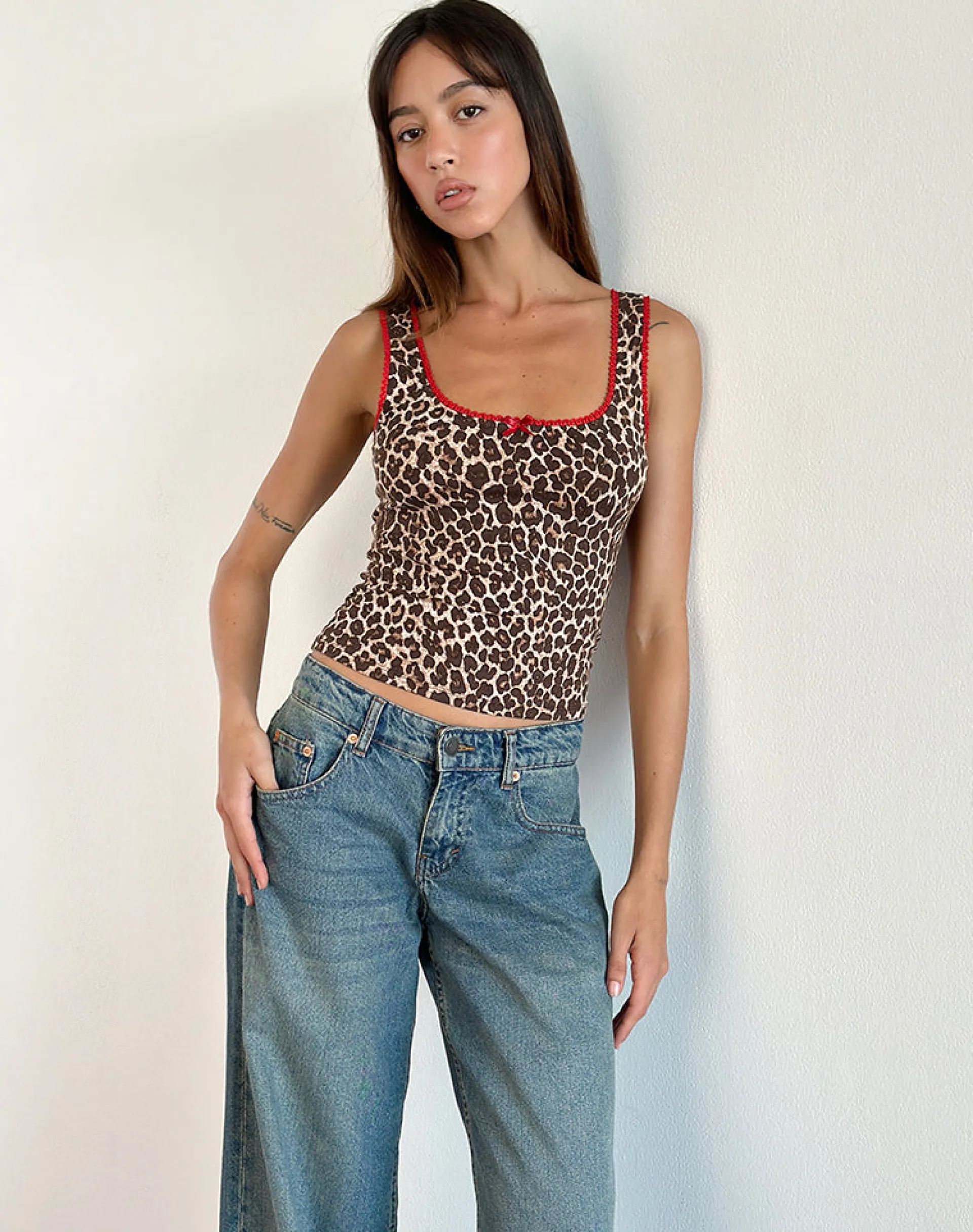 Motel Rocks Co-Ords | Vest Tops-Carillo Vest Top in Rar Leopard Sandstorm with Red Trim RarLeopardSandstormwithRedTrim