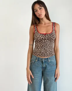 Motel Rocks Co-Ords | Vest Tops-Carillo Vest Top in Rar Leopard Sandstorm with Red Trim RarLeopardSandstormwithRedTrim