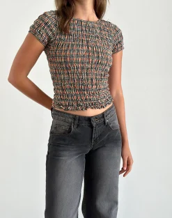 Motel Rocks Printed Tops-Caripa Shirred Top in Country Check