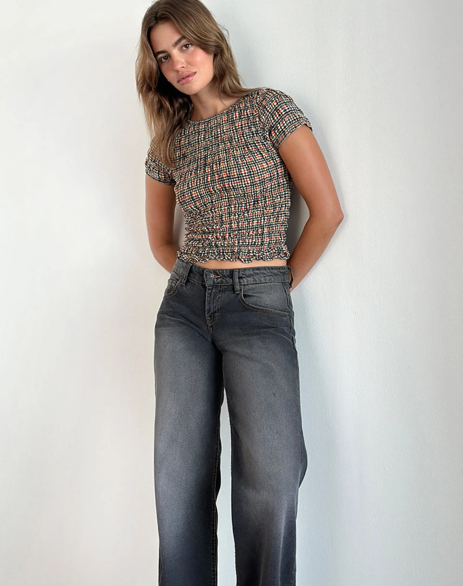 Motel Rocks Printed Tops-Caripa Shirred Top in Country Check