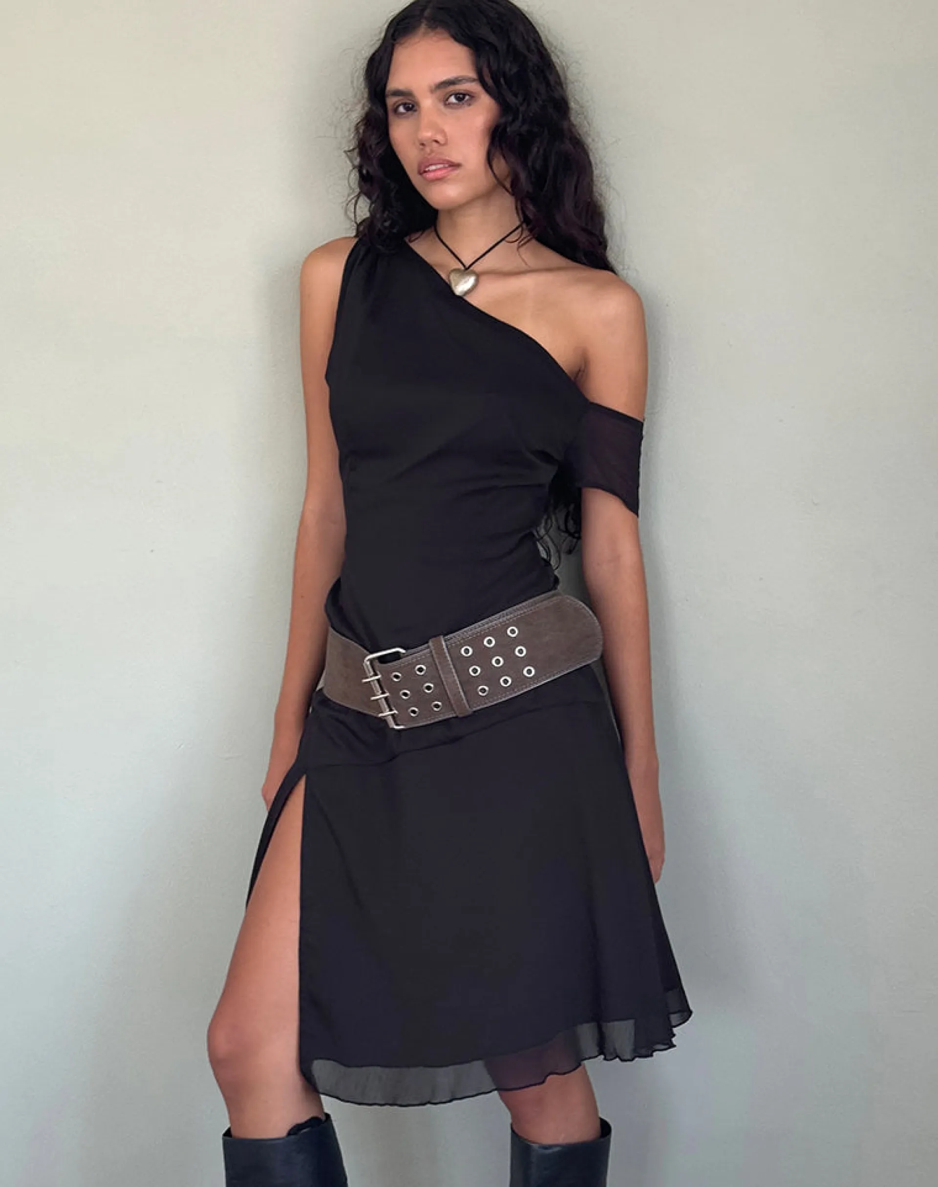 Motel Rocks Little Black Dresses | Midi Dresses-Carissa One Shoulder Chiffon Midi Dress in Black