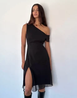 Motel Rocks Little Black Dresses | Midi Dresses-Carissa One Shoulder Chiffon Midi Dress in Black