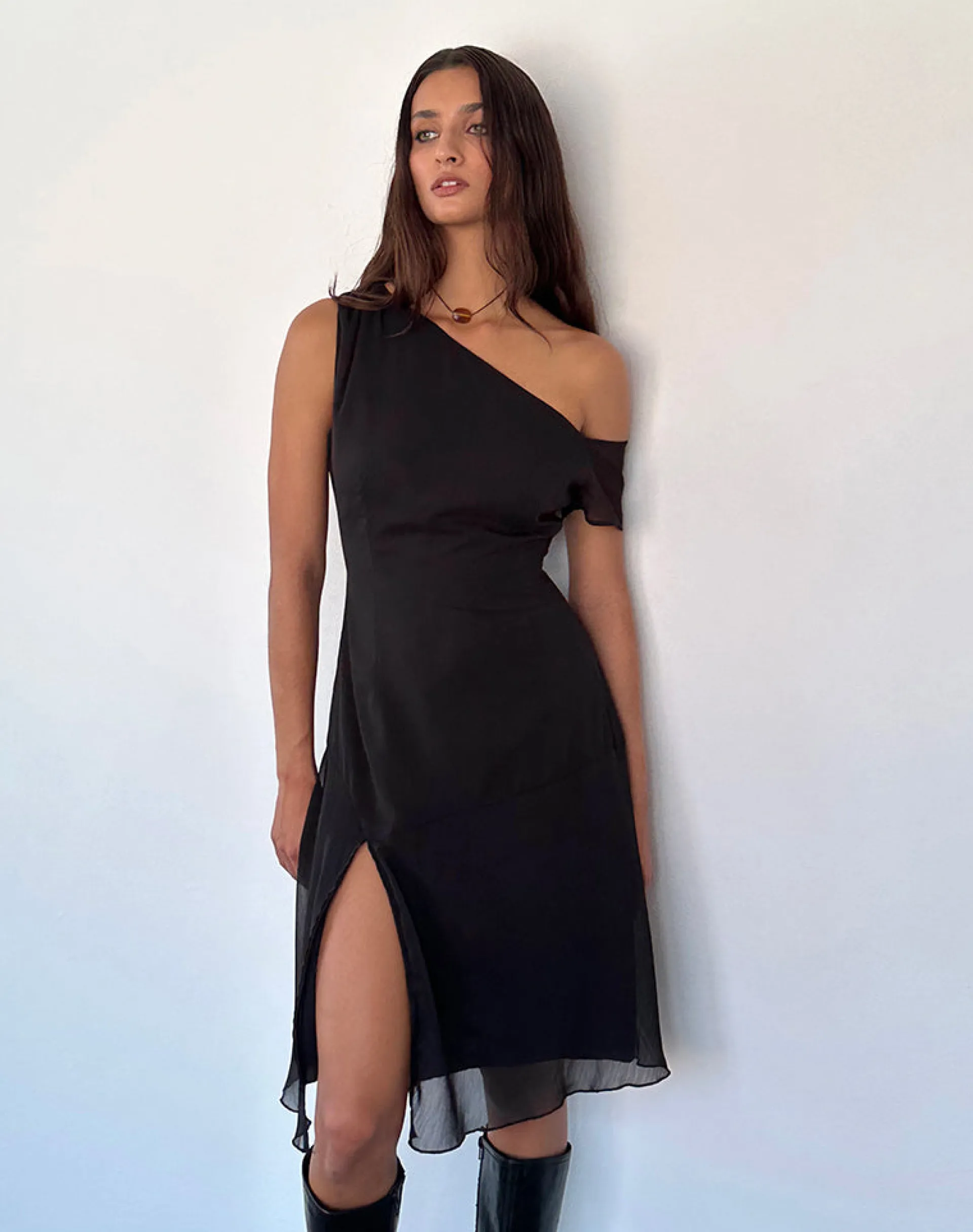 Motel Rocks Little Black Dresses | Midi Dresses-Carissa One Shoulder Chiffon Midi Dress in Black