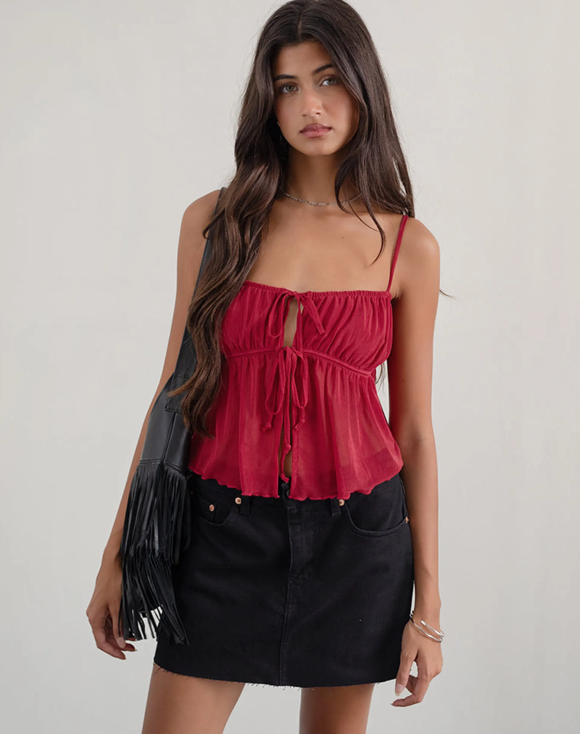Motel Rocks Strappy Tops | Going Out Tops-Carmina Cami Top in Mesh Cherry MeshCherry