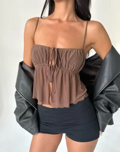 Motel Rocks Strappy Tops | Going Out Tops-Carmina Tie Front Cami Top in Mesh Brown MeshBrown