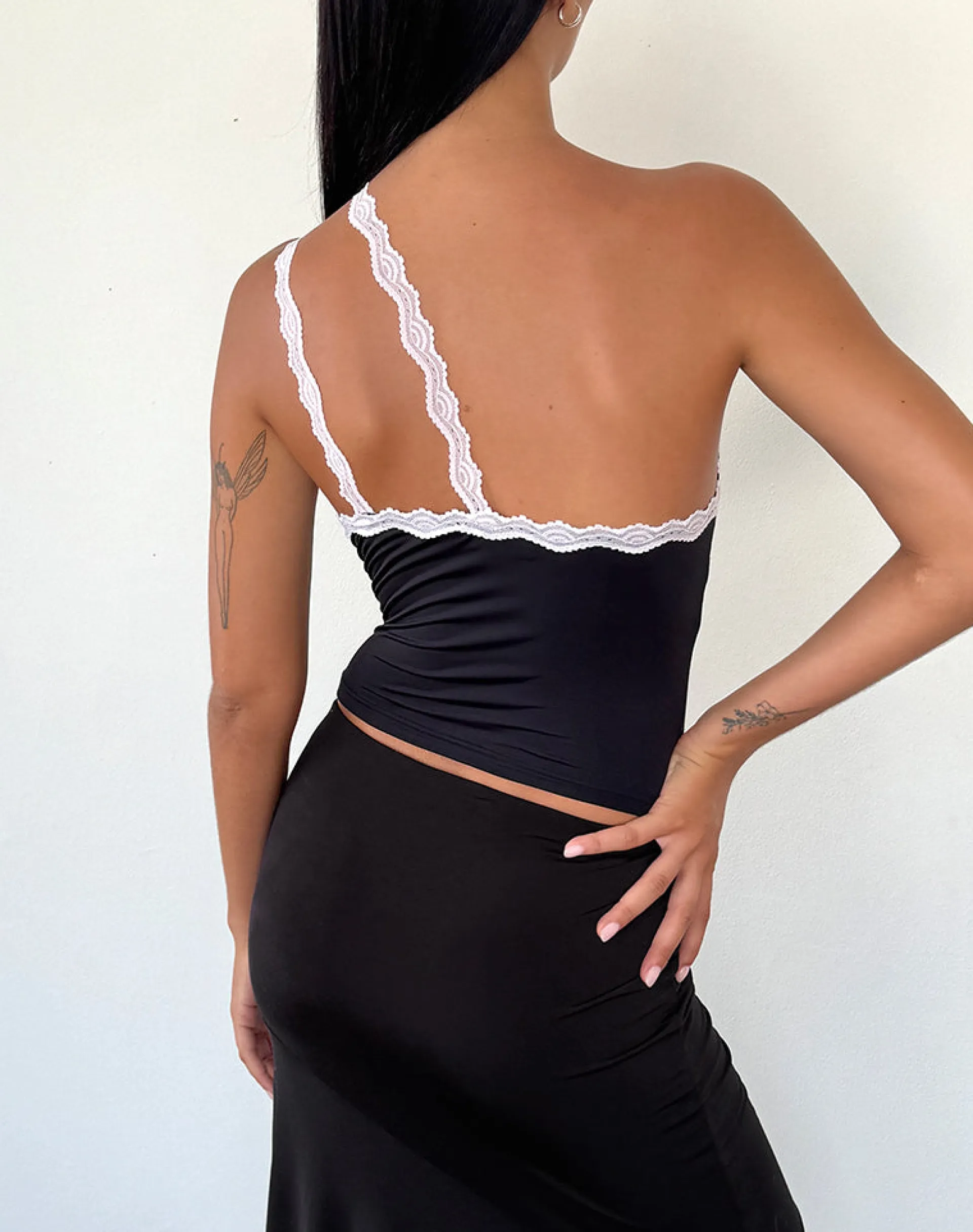 Motel Rocks Basic Tops | Strappy Tops-Carolina One Shoulder Top in Black with Pink Lace BlackwithPinkLace