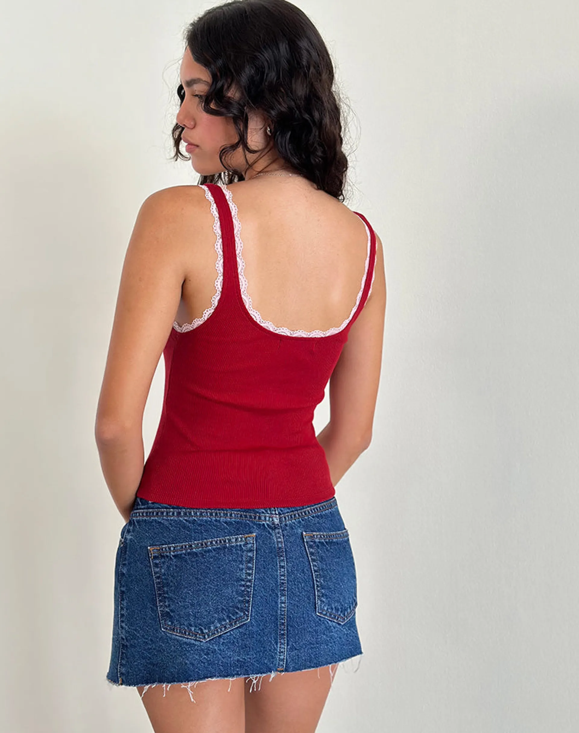Motel Rocks Basic Tops | Vest Tops-Cartas Top in Adrenaline Red with Pink Lace