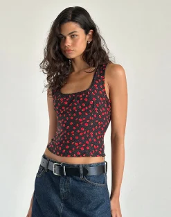 Motel Rocks Basic Tops | Vest Tops-Carys Vest Top in Strawberry Polka Black StrawberryPolkaBlack