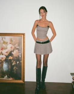 Motel Rocks Printed Skirts | Pleated Skirts-Casini Pleated Micro Skirt in Micro Check Brown MicroCheckBrown