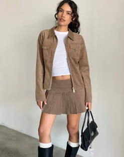 Motel Rocks Co-Ords | A Line Skirts-Casna Pleated Mini Skirt in Baby Cord Walnut Brown