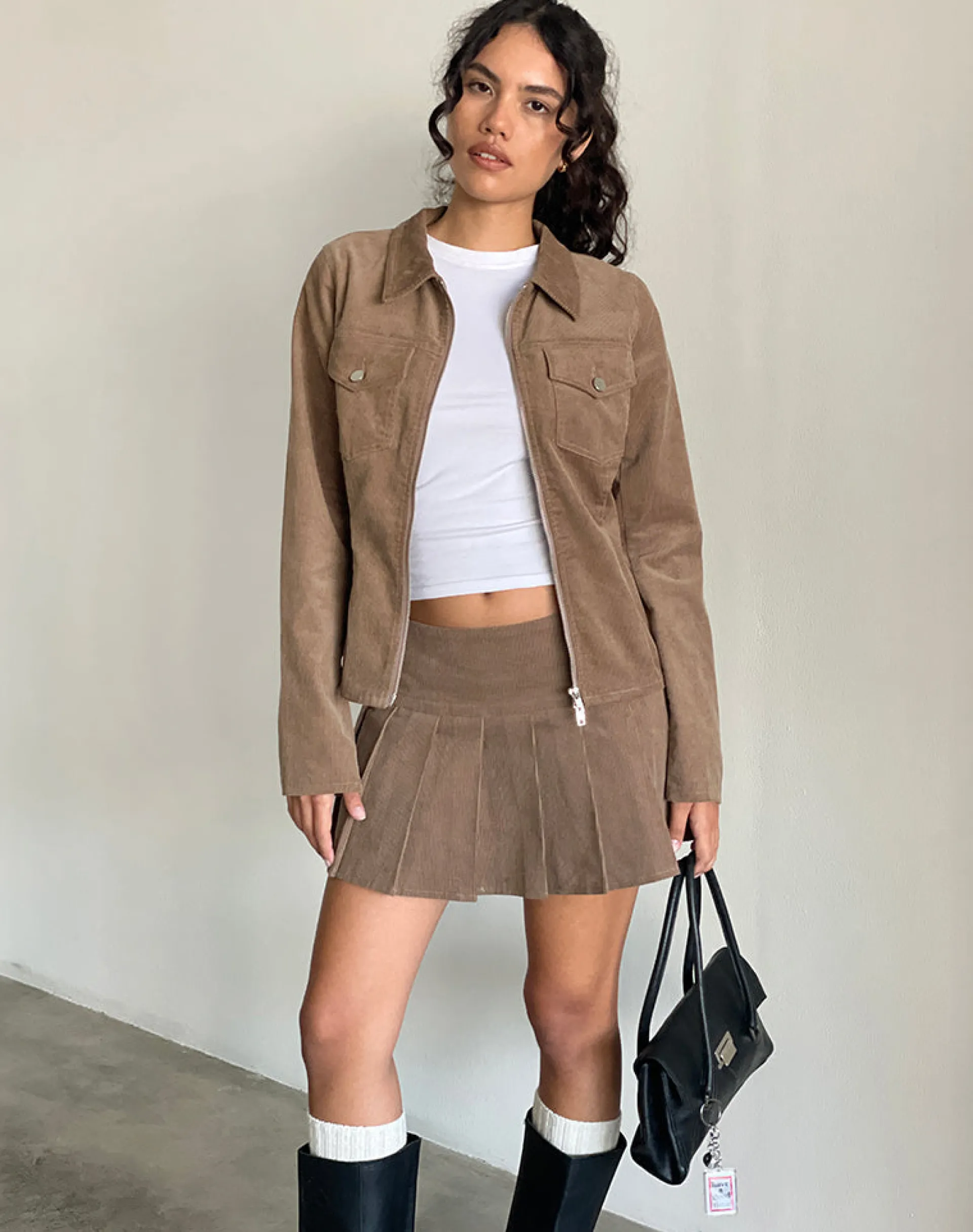 Motel Rocks Co-Ords | A Line Skirts-Casna Pleated Mini Skirt in Baby Cord Walnut Brown