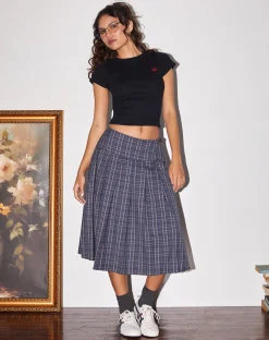 Motel Rocks Printed Skirts-Catelyn Pleated Midi Skirt in Navy Check navycheck