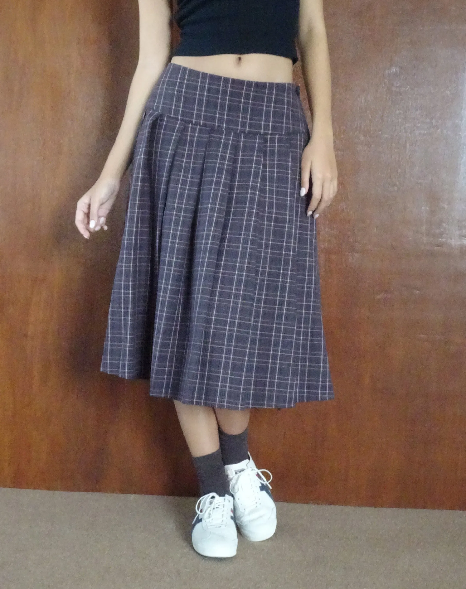 Motel Rocks Printed Skirts-Catelyn Pleated Midi Skirt in Navy Check navycheck
