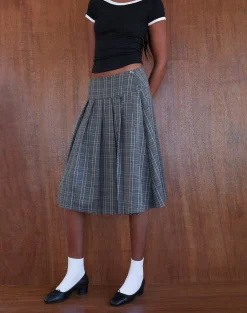Motel Rocks Printed Skirts | A Line Skirts-Catelyn Wrap Pleated Midi Skirt in Grey Check greycheck