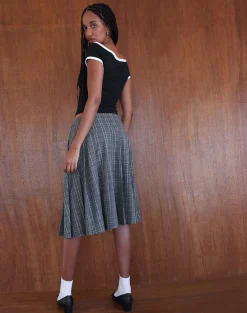 Motel Rocks Printed Skirts | A Line Skirts-Catelyn Wrap Pleated Midi Skirt in Grey Check greycheck