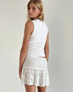 Motel Rocks Mini Skirts-Cathyna Crochet Shirred Mini Skirt in Poplin White