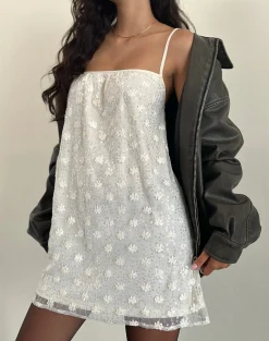 Motel Rocks Party Dresses | Mini Dresses-Celia Mini Slip Dress in Sequin Lace Ivory
