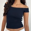 Motel Rocks Basic Tops-Chacha Bardot Top in Rib Lace Navy RibLaceNavy