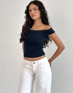 Motel Rocks Basic Tops-Chacha Bardot Top in Rib Lace Navy RibLaceNavy