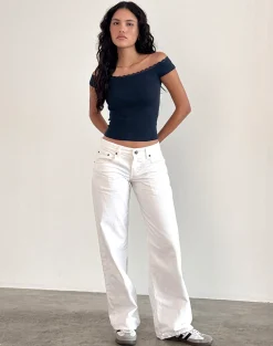 Motel Rocks Basic Tops-Chacha Bardot Top in Rib Lace Navy RibLaceNavy