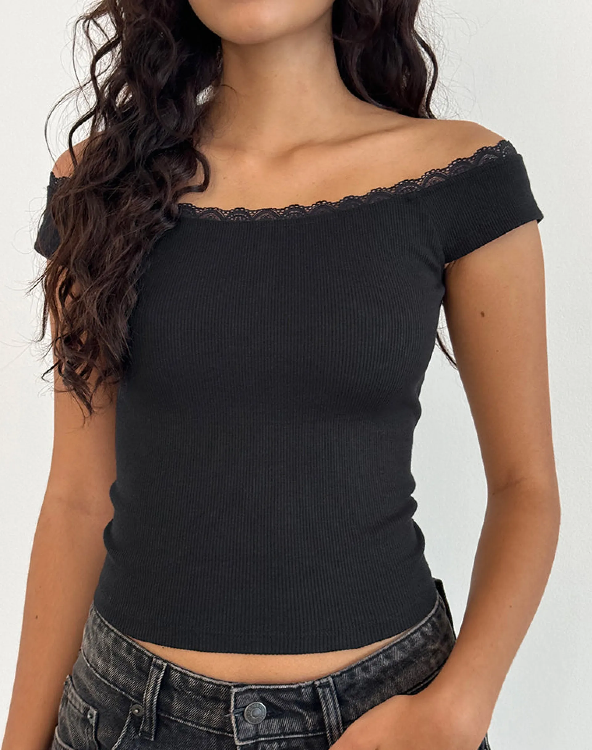Motel Rocks Basic Tops | Bandeau Tops-Chacha Top in Black Rib Lace BlackRibLace