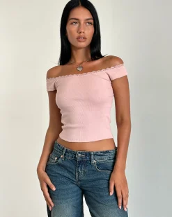 Motel Rocks Basic Tops-Chacha Top in Rib Lace Pink Lady RibLacePinkLady