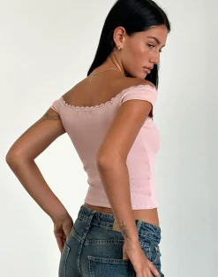 Motel Rocks Basic Tops-Chacha Top in Rib Lace Pink Lady RibLacePinkLady
