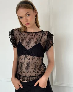 Motel Rocks Lace Tops | Going Out Tops-Champel Top in Wild Rose Lace Black