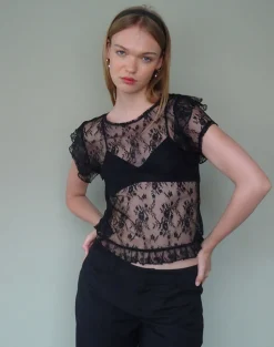 Motel Rocks Lace Tops | Going Out Tops-Champel Top in Wild Rose Lace Black