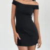 Motel Rocks Day Dresses | Bodycon Dresses-Chana Off Shoulder Mini Dress in Black Rib with Lace Trim