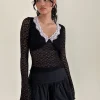 Motel Rocks Long Sleeve Tops-Chantal Lace Top in Black with Pink Trim BlackwithPinkTrim