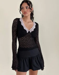 Motel Rocks Long Sleeve Tops-Chantal Lace Top in Black with Pink Trim BlackwithPinkTrim