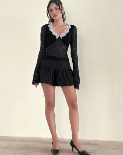 Motel Rocks Long Sleeve Tops-Chantal Lace Top in Black with Pink Trim BlackwithPinkTrim