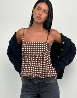 Motel Rocks Printed Tops | Strappy Tops-Charlita Frill Cami Top in Tonal Gingham Brown