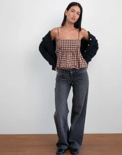 Motel Rocks Printed Tops | Strappy Tops-Charlita Frill Cami Top in Tonal Gingham Brown