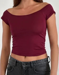 Motel Rocks Basic Tops-Charya Off Shoulder Top in burgundy