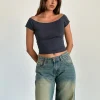 Motel Rocks Basic Tops-Charya Off The Shoulder Top in Ocean Storm OceanStorm